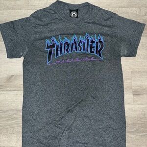 Thrasher Charcoal Tee with Blue Flame Logo